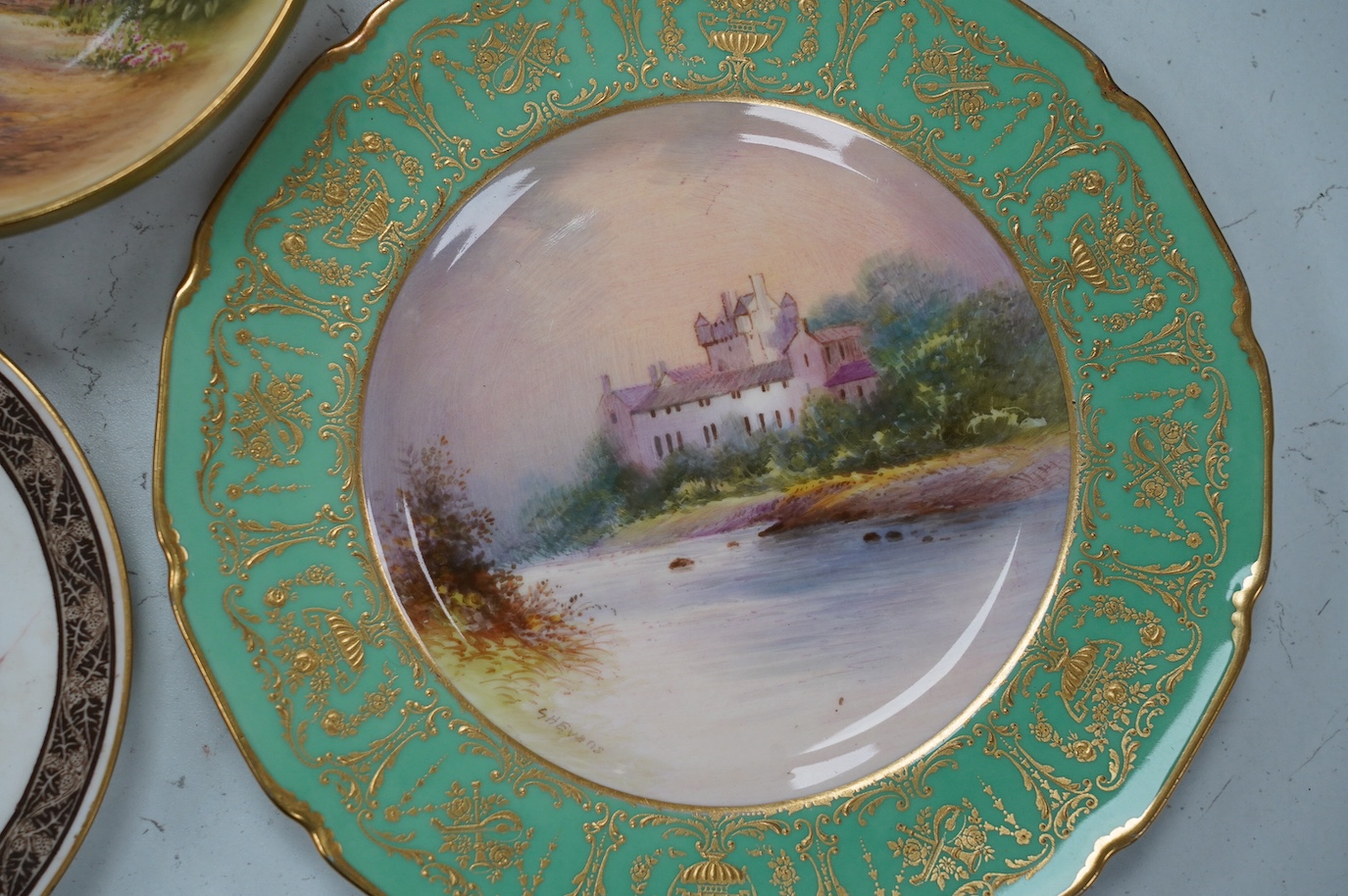 Five Worcester cabinet dishes, each signed, including Jas Stinton, largest 22cm. Condition - fair to good